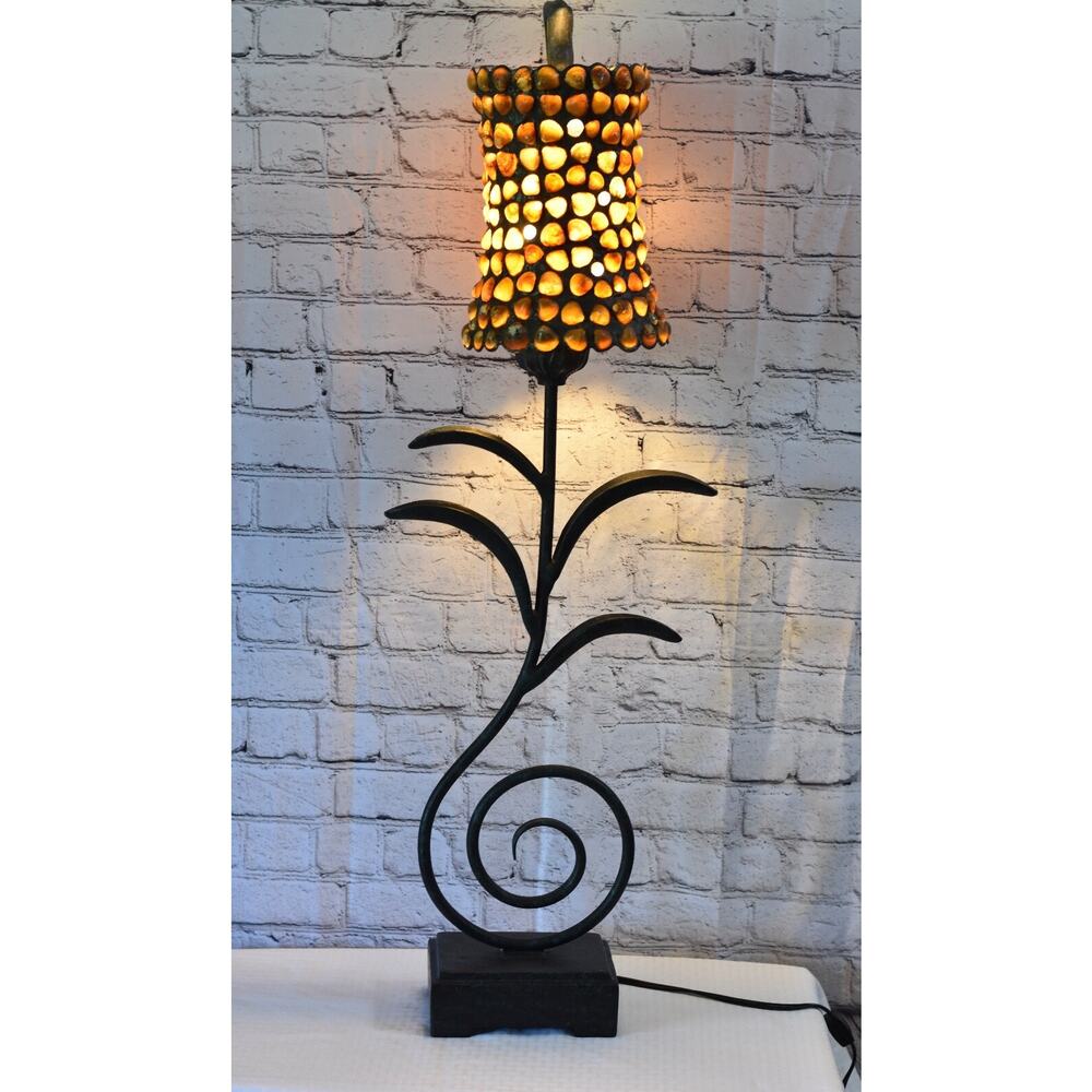Nautical Seashell & Glass Handmade Wrought Iron Scroll Table Lamp
